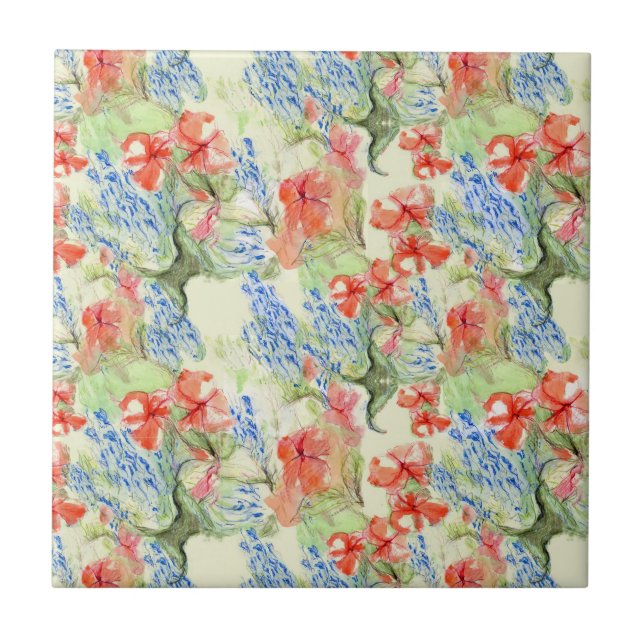 Rote und blaue Blumen im Retro-Stil Fliese (Vorderseite)