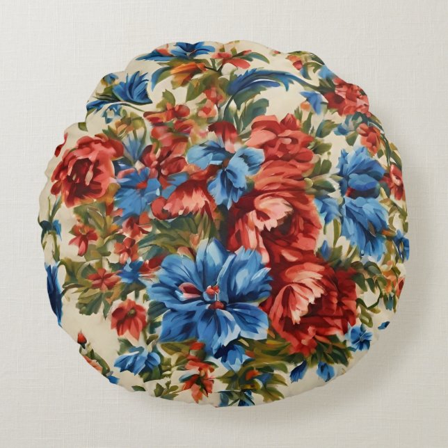 Rote und blaue Blumen mit üppigen Blätter Rundes Kissen (Vorderseite)