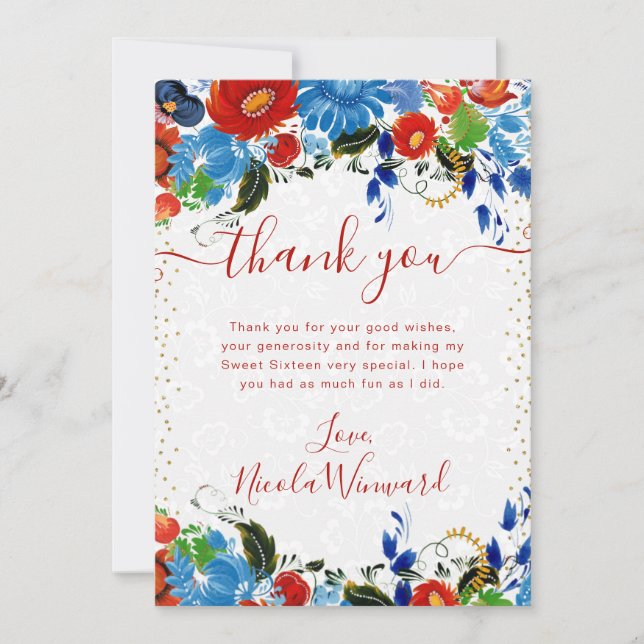 Rote und blaue Blumen Süß 16 Dankeskarte (Vorderseite)