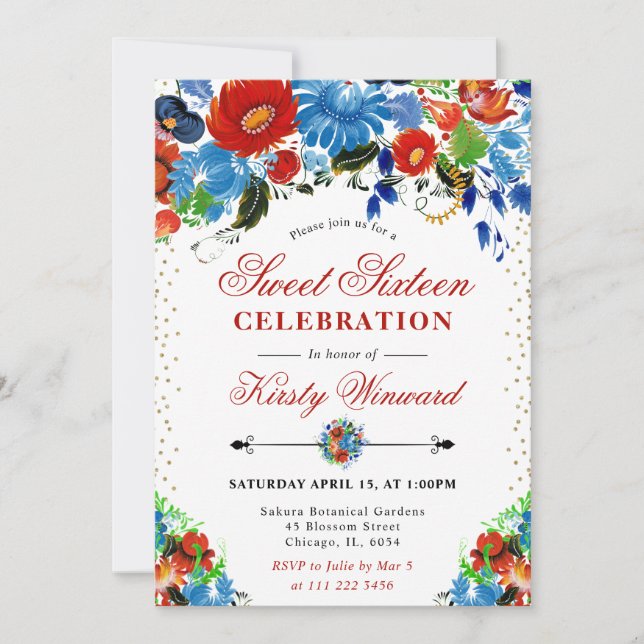 Rote und blaue Blumen Süß 16 Einladung (Vorderseite)