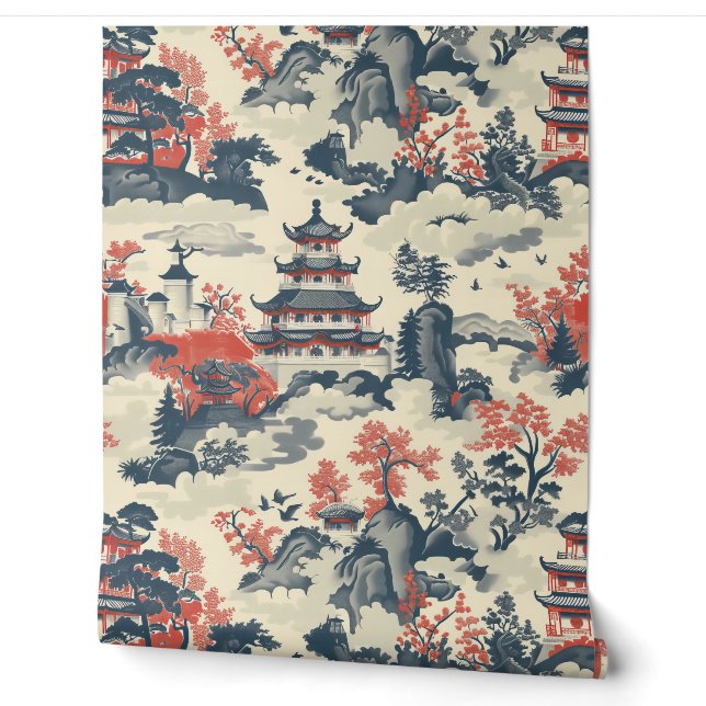 Rote und blaue chinesische Tempel Bäume Berge Tapete (Abrollen)