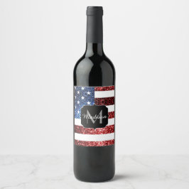 Rote und blaue Glitzern-Glitzer Monogram Weinetikett