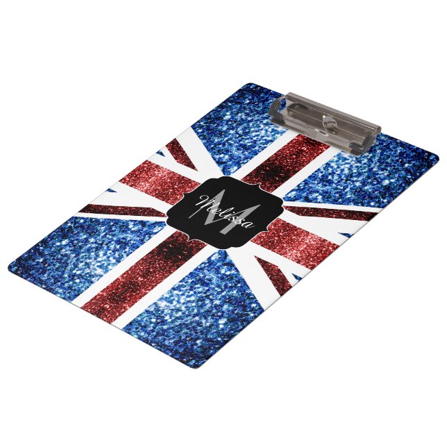 Rote und blaue Glitzern Monogram (UK-Flagge) Klemmbrett (Schrägansicht)