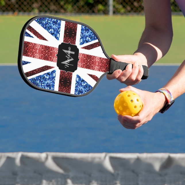 Rote und blaue Glitzern Monogram (UK-Flagge) Pickleball Schläger (InSitu)