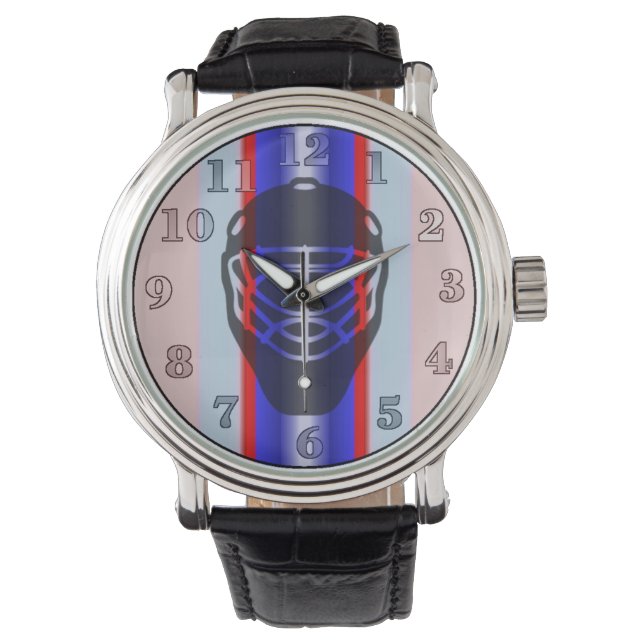 Rote und blaue Goalie Maske Hockey Armbanduhr (Vorderseite)