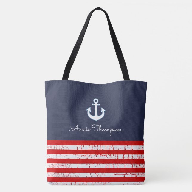 Rote und blaue Marinetasche mit Namen und Ankern Tasche (Rückseite)