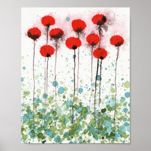 Rote und blaue Mohnblumen, Aquarell-Blumen-Wand Poster