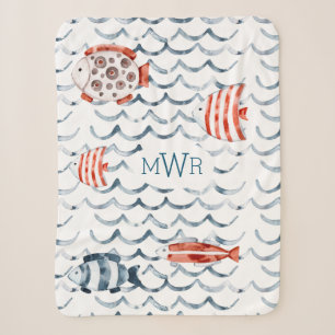 Rote und blaue Monogramm von Aquarellfischen Sherpadecke