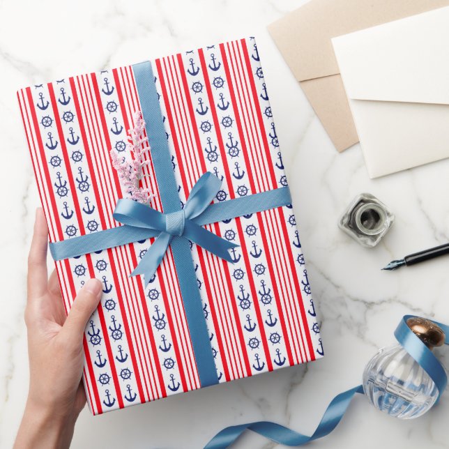 Rote und blaue nautische Anker Geschenkpapier (Schenken)