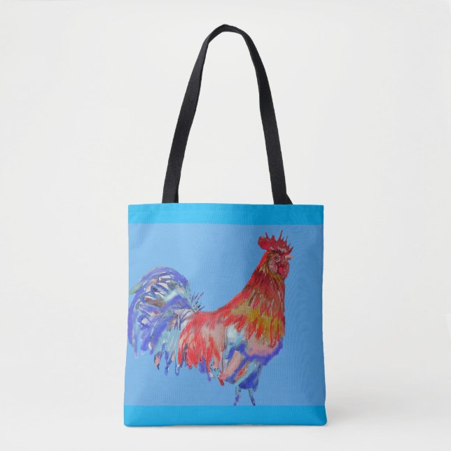 Rote und blaue Rooster Wasserfarbe Totbeutel Tasche (Vorderseite)