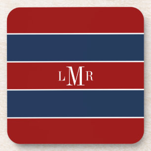 Rote und blaue Rugbystreifen 3 Buchstaben Monogram Getränkeuntersetzer