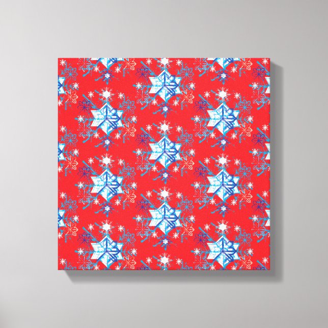 Rote und blaue Schneeflocken und Sterne Leinwanddruck (Vorderseite)