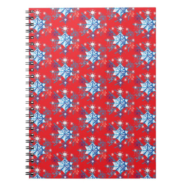 Rote und blaue Schneeflocken und Sterne Notizblock (Vorderseite)