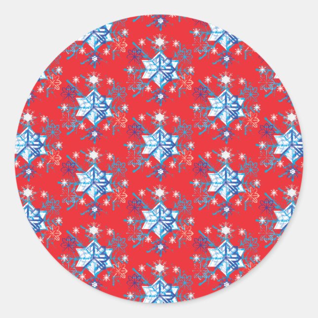 Rote und blaue Schneeflocken und Sterne Runder Aufkleber (Vorderseite)