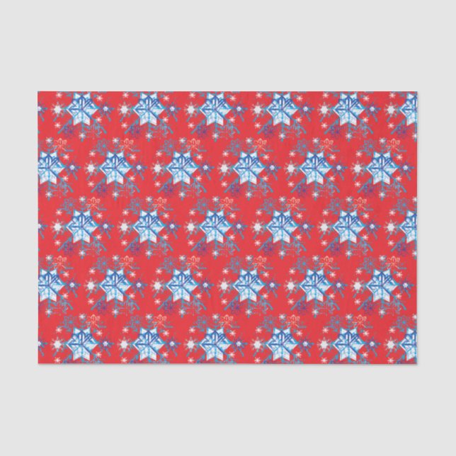 Rote und blaue Schneeflocken und Sterne Seidenpapier (Vorderseite)
