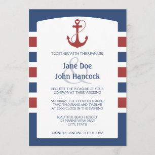 Rote und blaue Seeanker-Hochzeits-Einladungen Einladung
