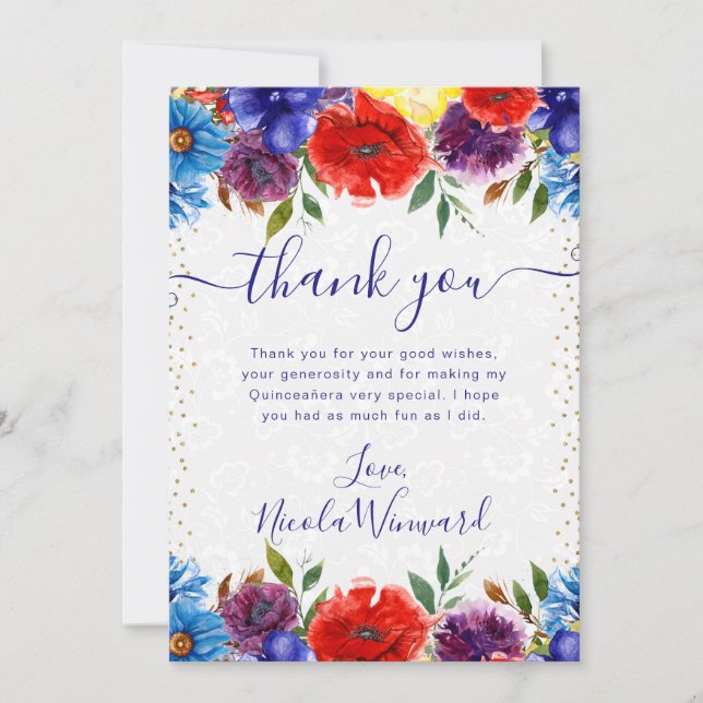 Rote und Blaue Sommer-Blume Quinceanera Dankeskarte (Vorderseite)