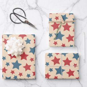 Rote und blaue Sterne, 4. Juli, beiger Hintergrund Geschenkpapier Set