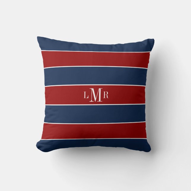 Rote und blaue Streifen und Monogramm Kissen (Vorderseite)