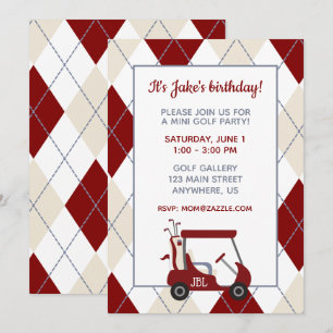 Rote und cremefarbene Argyle-Golfcart-Party Einladung