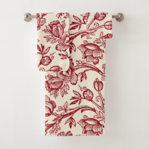 Rote und cremefarbene Tulpen-Toile - Französische Badhandtuch Set
