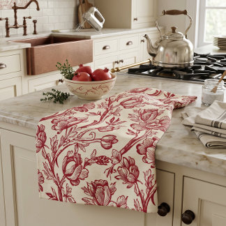 Rote und cremefarbene Tulpen-Toile - Französische Geschirrtuch