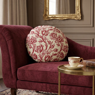 Rote und cremefarbene Tulpen-Toile - Französische  Rundes Kissen