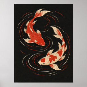 Rote und elfenbeinfarbene Koi-Fische Wellen japani Poster