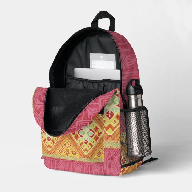Rote und Gelbe Federn Bedruckter Rucksack (Rückseitige Ecke links (Offen) )