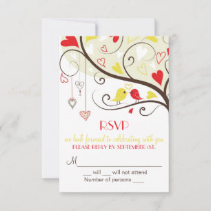Rote und gelbe Lovebirds RSVP Hochzeitskarten-Einl Karte
