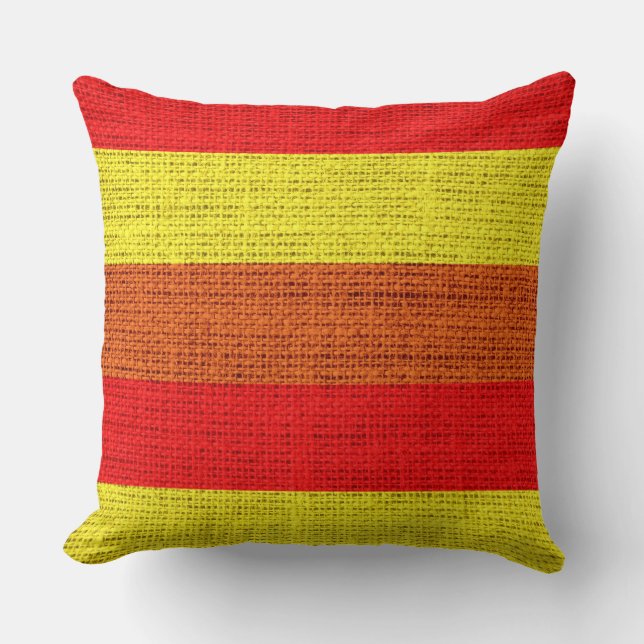 Rote und gelbe Streifen Burlap Linen Rustikaler Ju Kissen (Vorderseite)