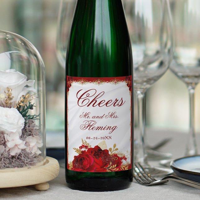 Rote und Gold-Metallische Blumenhochzeit Weinetikett (Von Creator hochgeladen)
