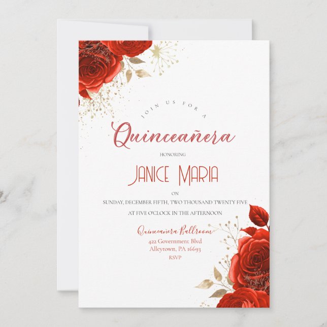 Rote und Gold Rose Quinceañera Einladung (Vorderseite)