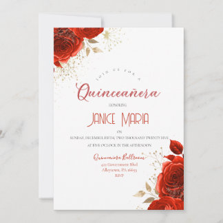 Rote und Gold Rose Quinceañera Einladung