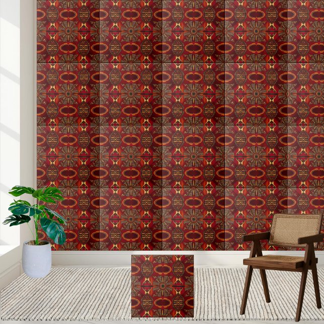 Rote und goldafrikanische Inspirierte Mustertafel Fliese (Red and Gold African Inspired Pattern Tile Decor)