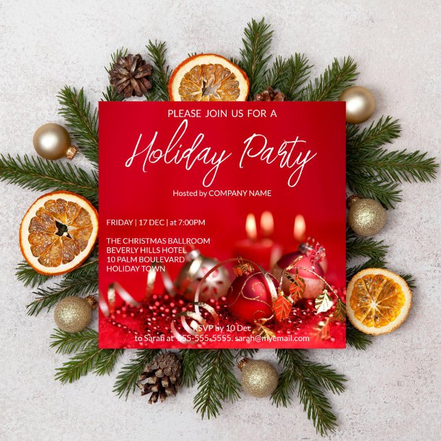 Rote und goldene Bauern Holiday Einladung (Christmas Holiday party editable template invitation digital download red baubles gold corporate )
