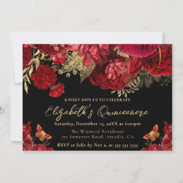 Rote und goldene Blume Quinceanera Einladung
