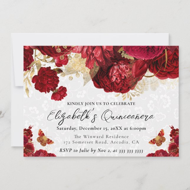 Rote und goldene Blume Quinceanera Einladung (Vorderseite)