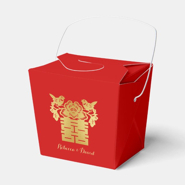 Rote und goldene Chinesische Liebesvögel Doppeltes Geschenkschachtel (Vorderseite)