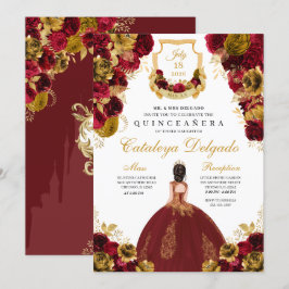 Rote und goldene Flora Elegantes Quinceñera Einladung