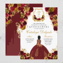 Rote und goldene Flora Elegantes Quinceñera Einladung