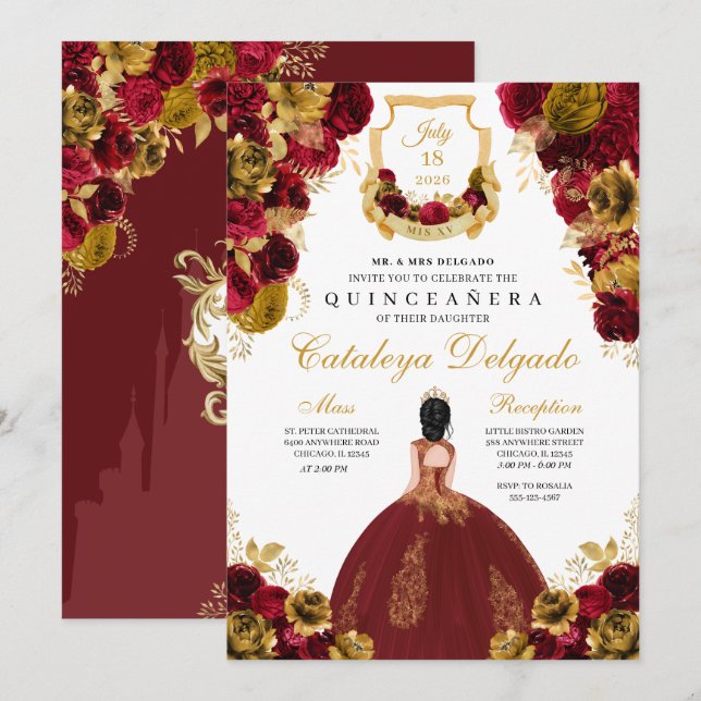 Rote und goldene Flora Elegantes Quinceñera Einladung (Vorne/Hinten)