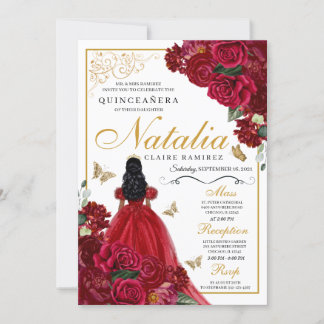 Rote und goldene Flora Quinceanera Einladung zum G