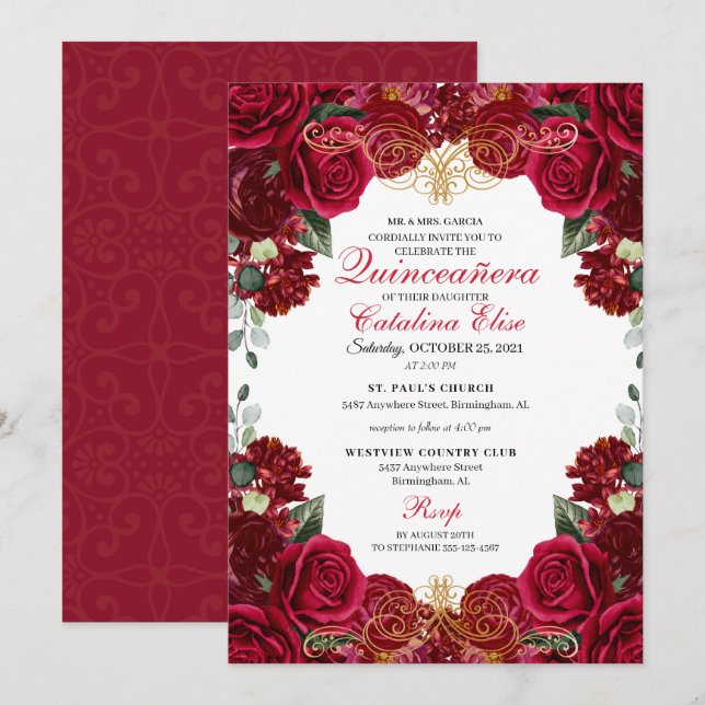 Rote und goldene Flora Quinceanera Einladung zum G (Vorne/Hinten)