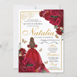 Rote und goldene Flora Quinceanera Einladung zum G