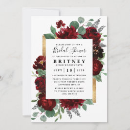 Rote und goldene Flora Rustikales Elegantes Brautp Einladung