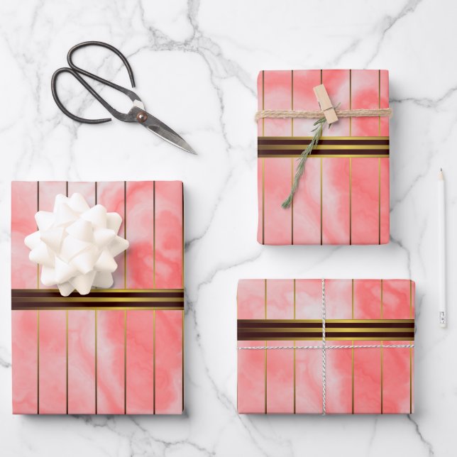 rote und goldene geometrische Streifen rosa Marmor Geschenkpapier Set (Vorderseite)