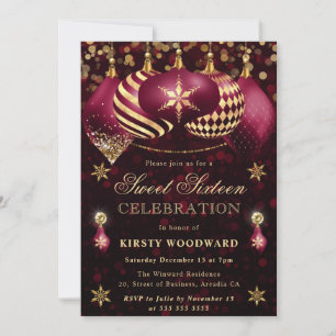 Rote und goldene Glitter-Kugeln Sweet Sixteen Einladung