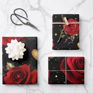 Rote und goldene Glitzerherzen und Rosen zum Valen Geschenkpapier Set
