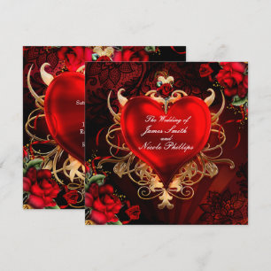 Rote und goldene Gotische Liebe Romantische Herzen Einladung